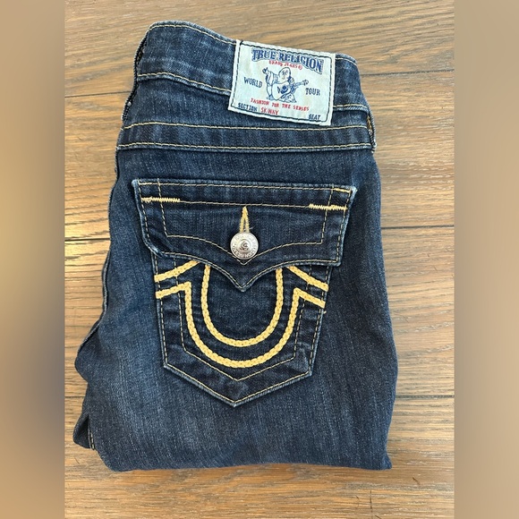 True Religion Denim - True Religion Dark Blue Skinny Jeans with Yellow Accents Size 25 Great Condition